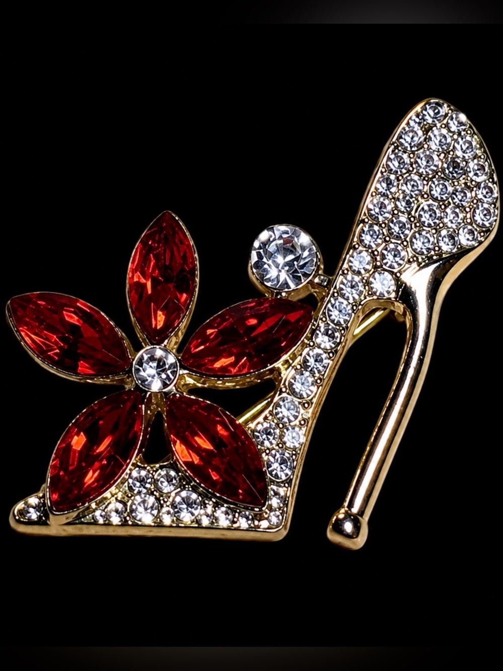 Gold-Tone Red Crystal Flower & Heel Brooch - Women Jewelry Brooches